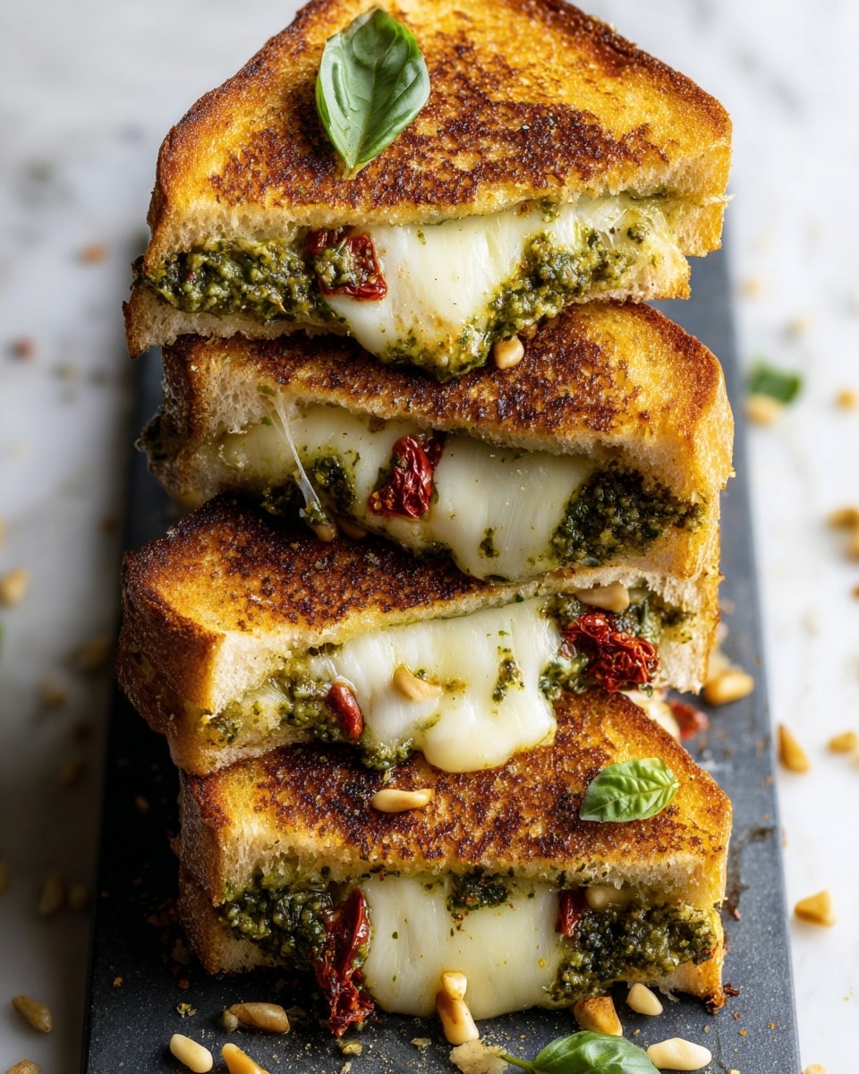 A close-up view of three grilled cheese sandwich halves stacked on each other on a rectangular slate board over a white marbled surface. Each sandwich has two layers of golden-brown toasted bread with a crispy texture. Between the bread is a thick layer of melted white cheese stretching between the halves, mixed with green pesto and small pieces of reddish sun-dried tomatoes. The top sandwich half has a small fresh green basil leaf and a pine nut on it. Scattered pine nuts, green basil leaves, and bits of pesto add color and texture to the scene. Photo taken with an iphone --ar 4:5 --v 7