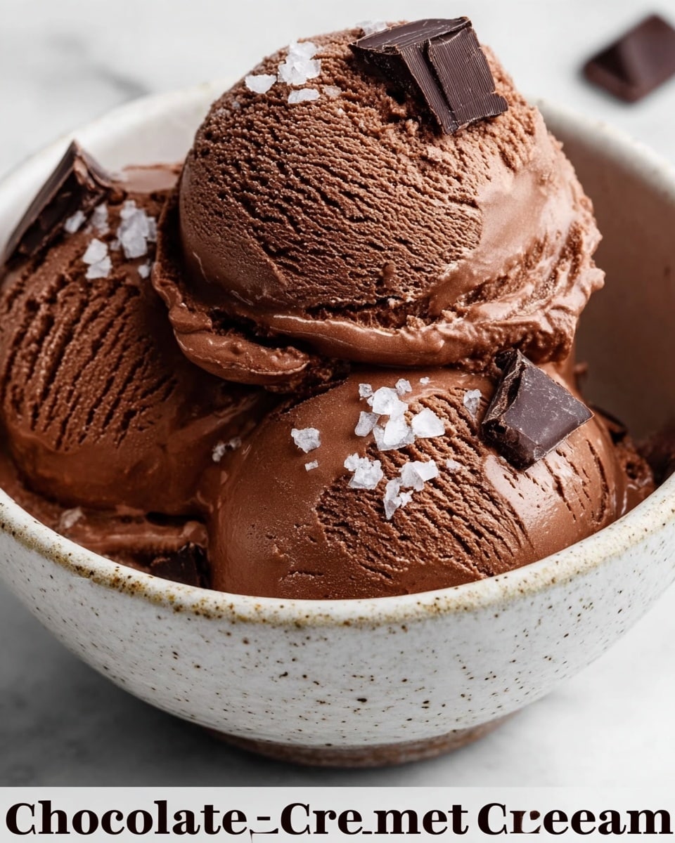 The image shows a close-up of a white bowl filled with three scoops of rich, dark chocolate ice cream. The ice cream has a smooth but slightly textured surface with visible lines from the scooping motion. On top of the scoops, there are small pieces of dark chocolate and coarse white salt crystals, adding contrast in texture and color. The bowl has a subtle speckled pattern, and the background is a white marbled surface. The lighting highlights the creamy texture and deep brown color of the ice cream. photo taken with an iphone --ar 4:5 --v 7