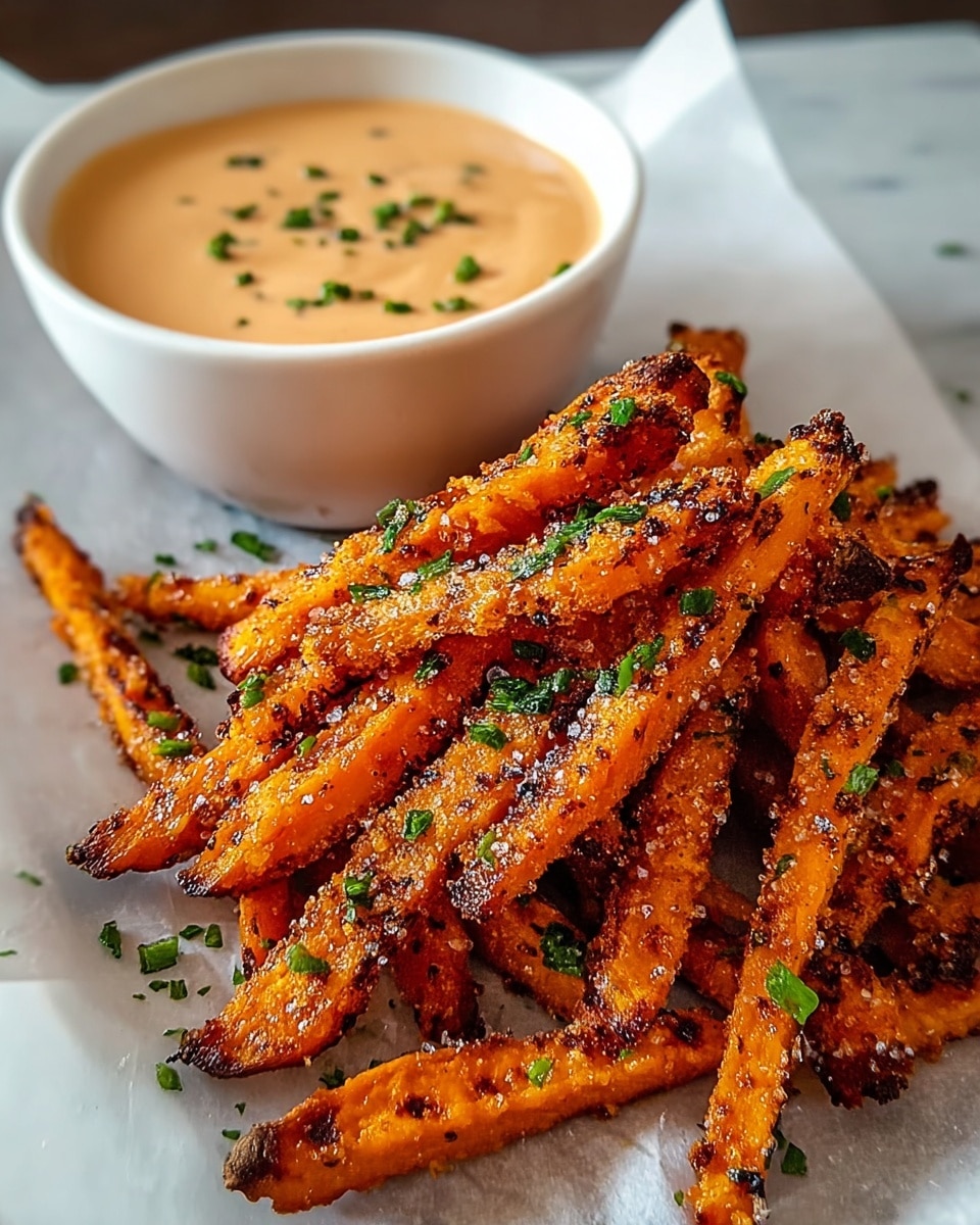 A white bowl filled with creamy light orange sauce with green herbs sprinkled on top sits behind a pile of roasted sweet potato fries. The fries are orange with dark brown char marks and are sprinkled with coarse salt and small green herb pieces. The fries are stacked in a pyramid shape on a white parchment paper that covers a white plate, all set on a white marbled surface. photo taken with an iphone --ar 4:5 --v 7