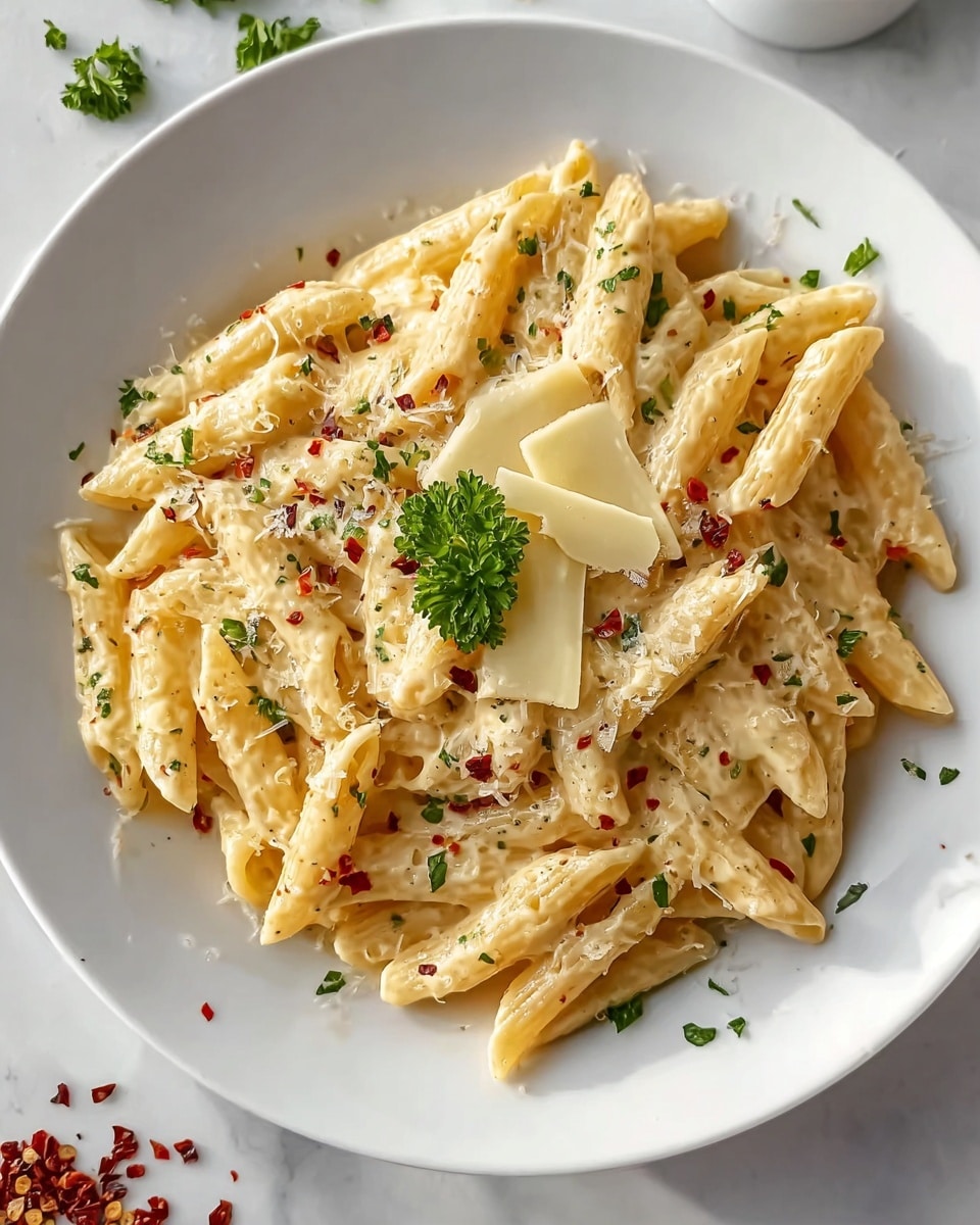 A white round plate holds creamy penne pasta coated in a smooth, light beige sauce. The pasta is sprinkled with finely grated cheese and small bits of herbs, adding green specks throughout. On top, there are three thin, pale yellow cheese slices and a small bunch of fresh green parsley for garnish. Red chili flakes and black pepper are lightly scattered over the dish and around the plate. The plate is set on a white marbled surface. photo taken with an iphone --ar 4:5 --v 7