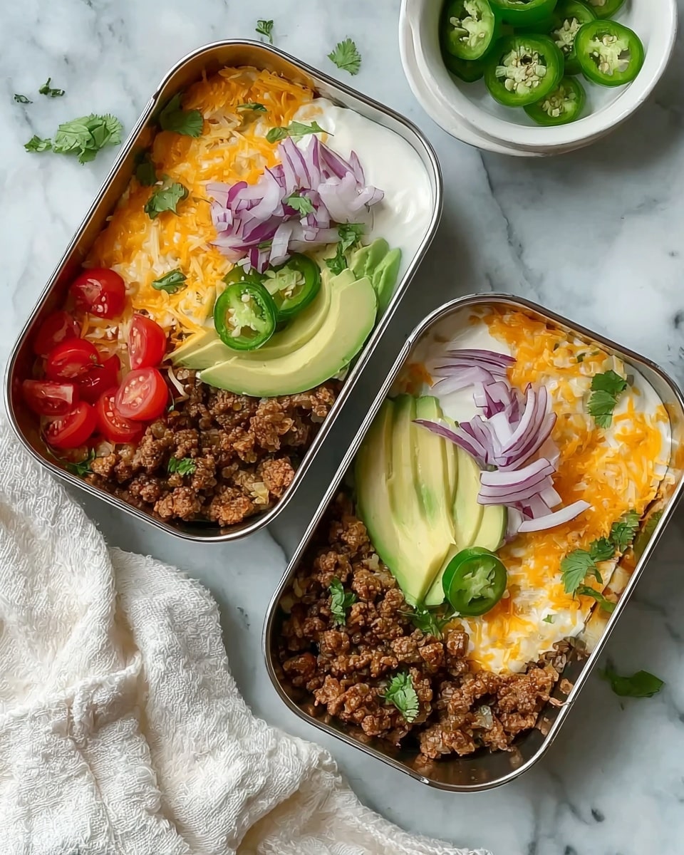 The image shows two rectangular stainless steel containers placed on a white marbled surface. Each container has a base layer of white creamy sauce, topped with a layer of dark brown cooked ground meat. On top of the meat, there is a layer of bright yellow shredded cheese. One corner of each container is garnished with sliced fresh red tomatoes, sprinkled with small green cilantro leaves. Another corner has a few thin purple onion slices. One container has a sliced green jalapeño pepper visible near the tomatoes, and the other container features three neatly fanned avocado slices in a light green color placed at the opposite corner. A white cloth napkin is seen near the containers, and a small white bowl with sliced jalapeños is placed nearby. The overall presentation is fresh and colorful with distinct layers. Photo taken with an iphone --ar 4:5 --v 7