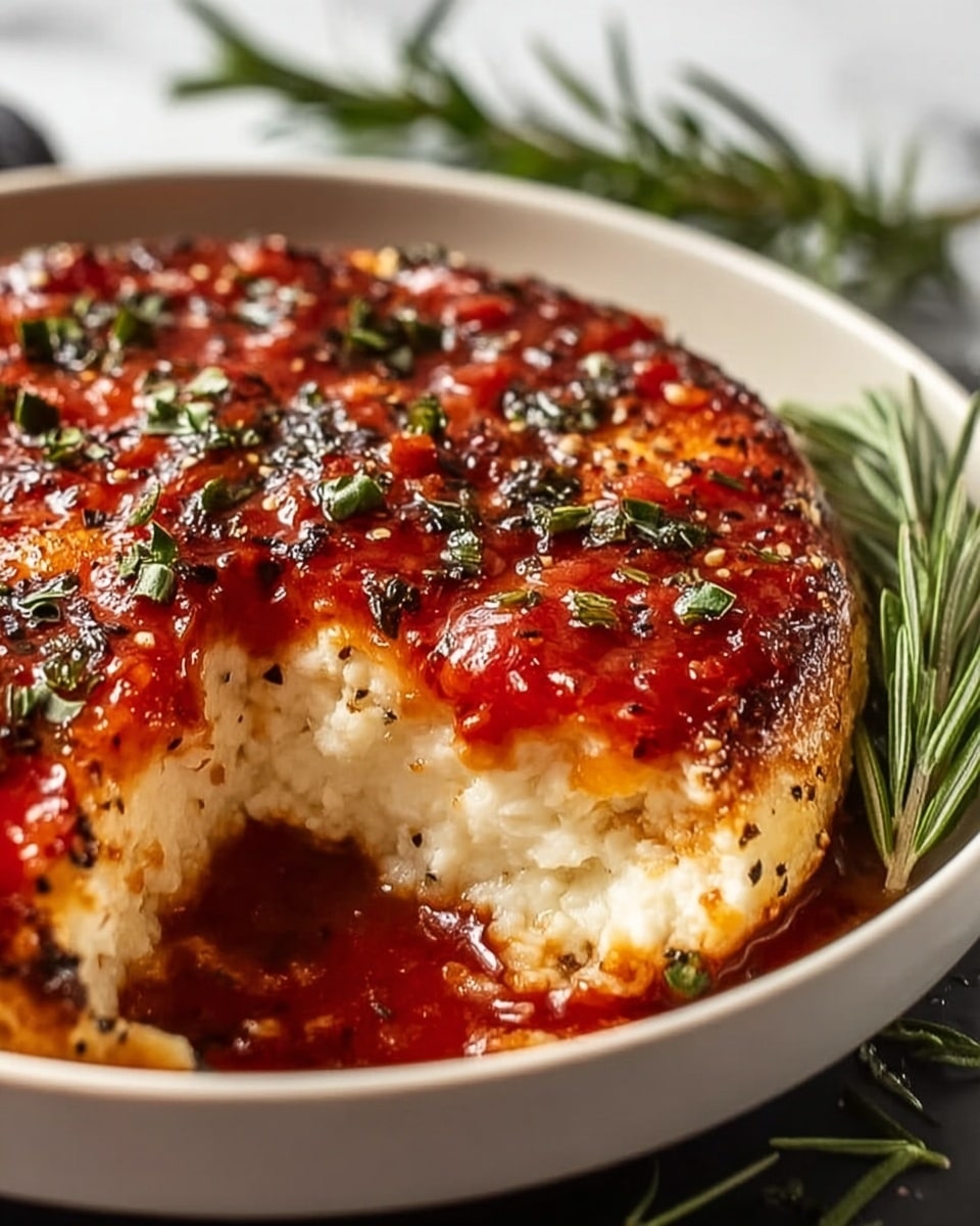 The dish is a close-up view of a round, baked cheese ball in a white bowl, with a missing slice revealing a soft, white, creamy cheese center. The outside layer is covered in a thick, red tomato sauce that looks slightly chunky and is sprinkled with small green herbs and cracked black pepper. The sauce has a glossy texture, contrasting with the creamy interior. The white bowl sits on a white marbled surface, and a sprig of fresh rosemary is placed near the bowl. Photo taken with an iphone --ar 4:5 --v 7