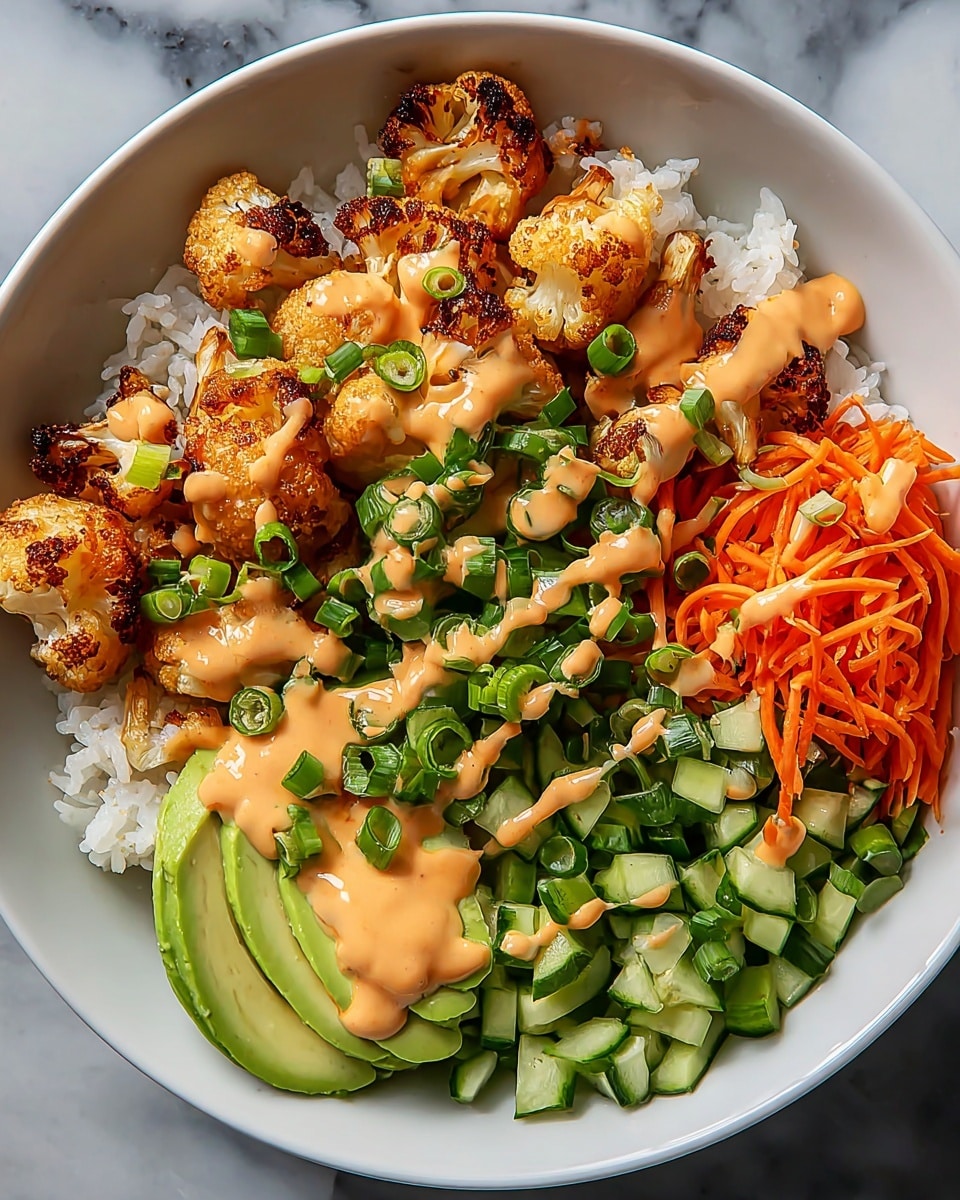 A white bowl filled with a base layer of white rice, topped with crispy golden brown pieces of seasoned cauliflower, drizzled generously with a light orange creamy sauce. Around the cauliflower, there are bright green chopped scallions sprinkled on top. On one side, there are fresh, dark green chopped greens, next to finely shredded orange carrots, and next to those are small diced pale green cucumbers. At the front, several slices of vibrant green avocado fan out, also covered with the orange sauce. The bowl sits on a white marbled texture surface. photo taken with an iphone --ar 4:5 --v 7