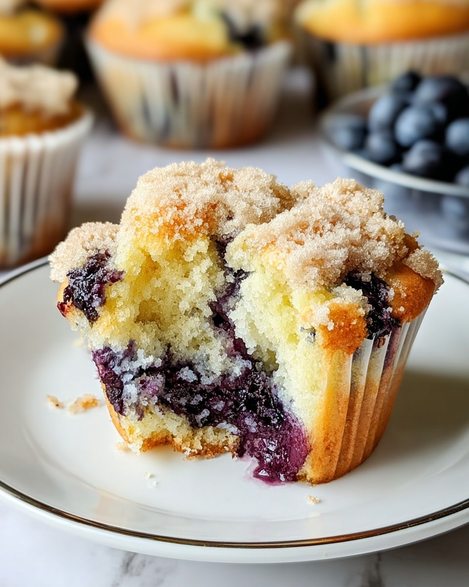 A close-up of a single blueberry muffin sitting on a white plate with a thin silver rim, placed on a white marbled surface. The muffin has three visible layers: the bottom layer is a golden-brown baked crust; the middle layer is a soft, light yellow cake with swirls of dark purple blueberry filling; the top layer is a crumbly, golden streusel with sugar crystals sprinkled on it. The muffin liner is white and slightly translucent, showing the blueberry filling mixing into the cake. In the blurred background, other muffins and blueberries can be seen. Photo taken with an iphone --ar 4:5 --v 7