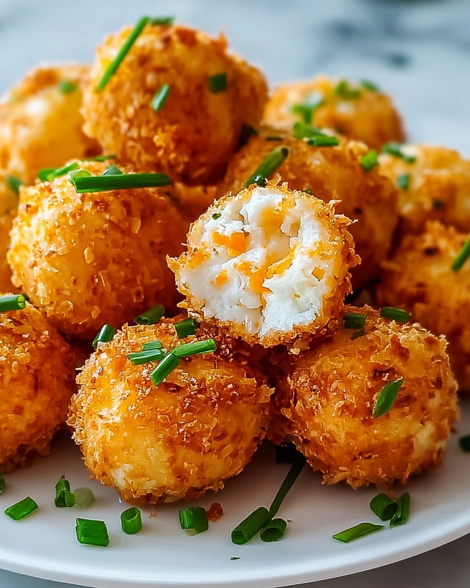 The image shows a close-up of several round, golden-brown fried balls with a crispy outer layer. One ball is cut in half and placed on top, revealing a creamy white inside with small pieces of orange and green mixed in, likely small vegetable bits. Tiny chopped green herbs are sprinkled on top of and around the fried balls, adding a touch of color. All the balls are arranged on a smooth white plate with a white marbled surface in the background. The texture of the fried coating looks crunchy while the inside looks soft and creamy. photo taken with an iphone --ar 4:5 --v 7
