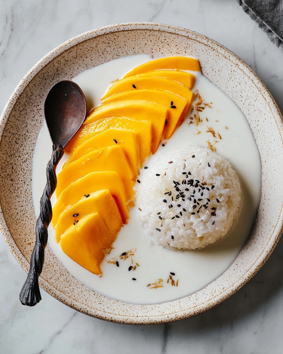 A white rounded mound of sticky rice sits near the center of the white speckled plate, topped with a drizzle of white coconut sauce and a sprinkle of black sesame seeds. To the side, there are five bright orange mango slices neatly laid in a row, each sprinkled with a few black sesame seeds. The plate is placed on a white marbled surface, and a twisted dark metal spoon rests next to the mango on the plate. photo taken with an iphone --ar 4:5 --v 7