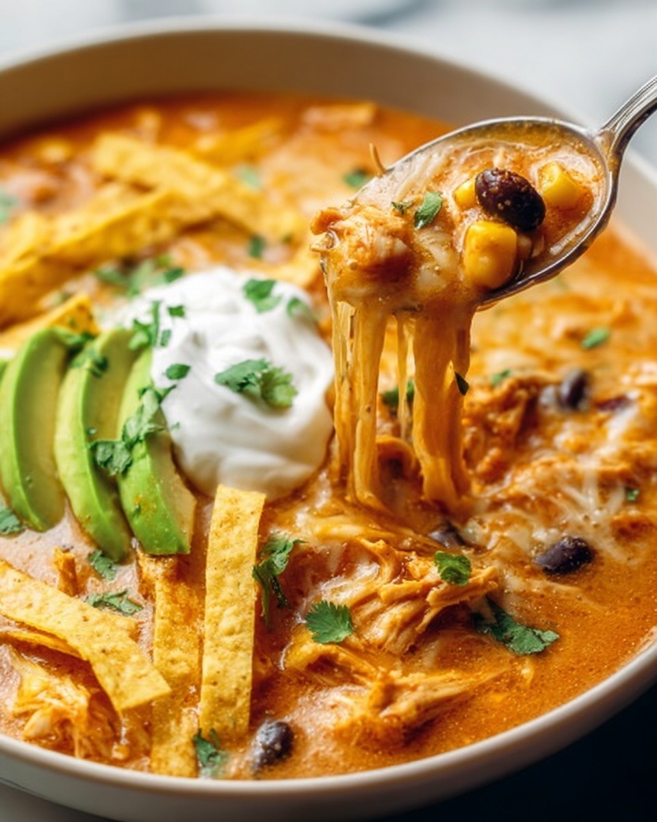 The image shows a close-up of a creamy soup with melted cheese, black beans, corn, and shredded chicken, with crispy tortilla strips on top. There are several slices of green avocado and a dollop of white sour cream garnished with small green herbs, placed near the edge. A spoon lifts a portion of the soup, showing gooey melted cheese stretching from the bowl. The soup has a rich orange color with specks of green herbs scattered on the surface. The bowl is white, set on a white marbled surface. Photo taken with an iphone --ar 4:5 --v 7
