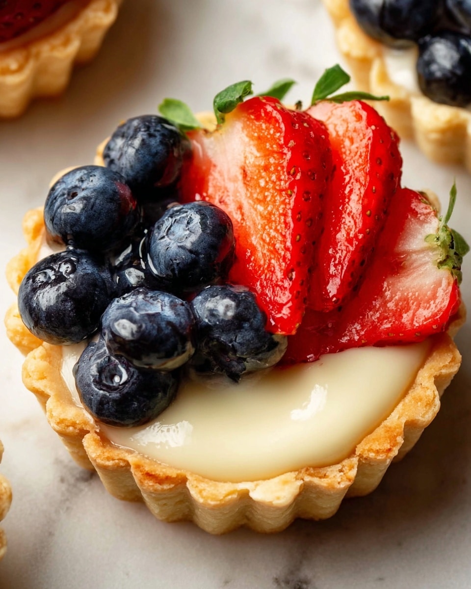 A small tart with three layers is shown on a white marbled surface. The bottom layer is a light golden, flaky tart shell with scalloped edges. Inside it, the middle layer is smooth, creamy white filling that looks soft and glossy, filling the shell almost to the top. On the top layer, one half is decorated with shiny, fresh blueberries, dark blue in color and plump with a smooth texture. The other half has thin, bright red strawberry slices arranged in a fan shape with green leaves at the top, creating a contrast in color and texture against the creamy filling. Photo taken with an iphone --ar 4:5 --v 7