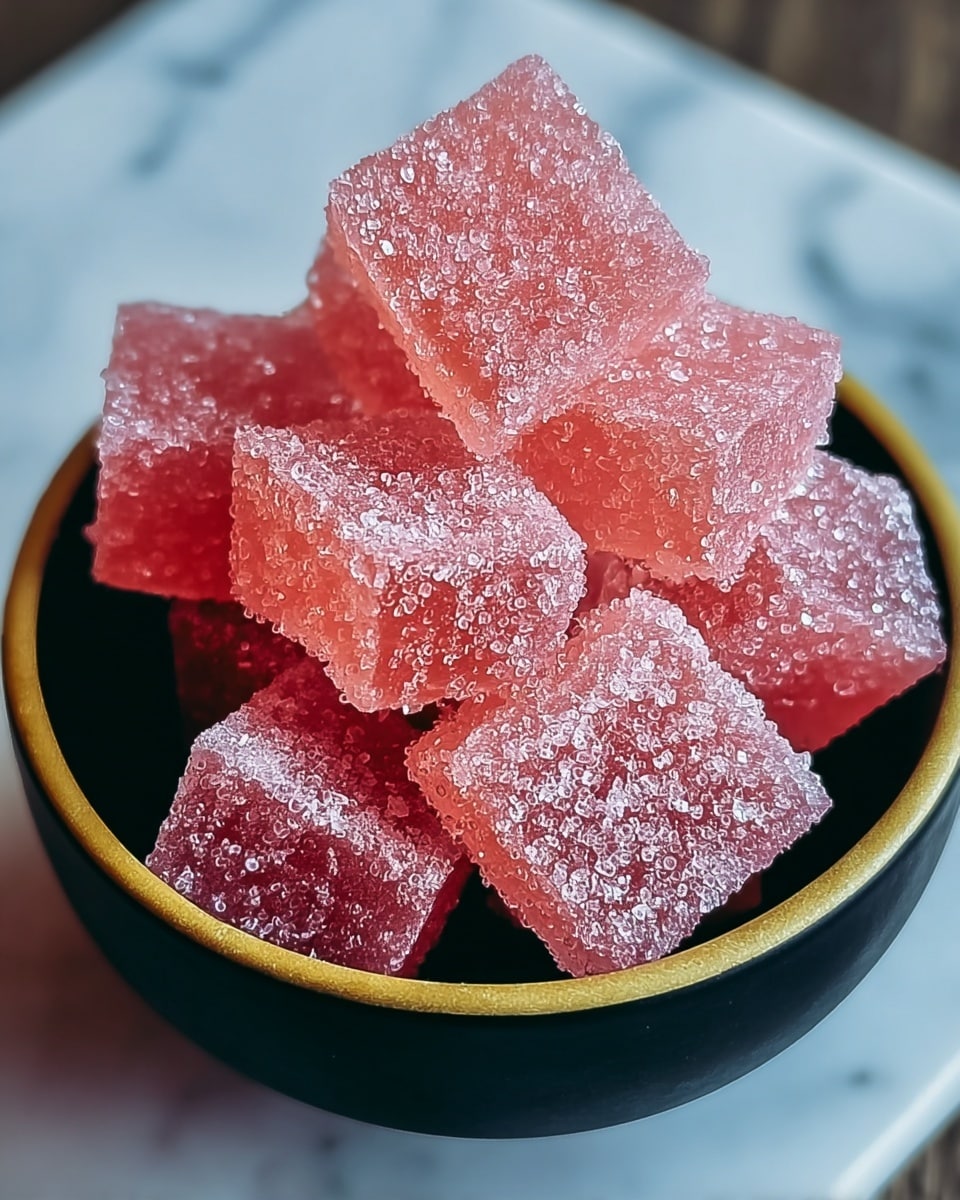 The image shows a close-up view of a pile of gummy candies shaped as small cubes in a white bowl. Each cube is a translucent pink color, covered with a layer of tiny sugar crystals that give them a frosted texture. The cubes are stacked unevenly, showing their soft, jelly-like texture with smooth surfaces and slightly rounded edges. The bowl with the gummies is set on a white marbled surface. photo taken with an iphone --ar 4:5 --v 7