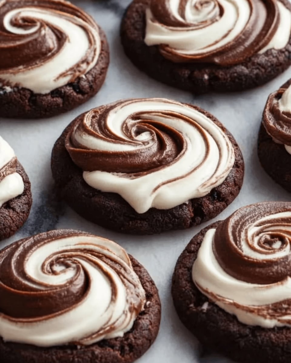 The image shows six chocolate cookies with thick swirls of white and dark chocolate frosting on top, each swirl blending smoothly together in a spiral pattern. The cookies have a rough, textured surface that contrasts with the glossy, creamy frosting’s soft peaks and ridges. They are placed close together on a white marbled textured surface, highlighting the rich color of the dark brown cookies and the smooth light and dark frosting layers. photo taken with an iphone --ar 4:5 --v 7