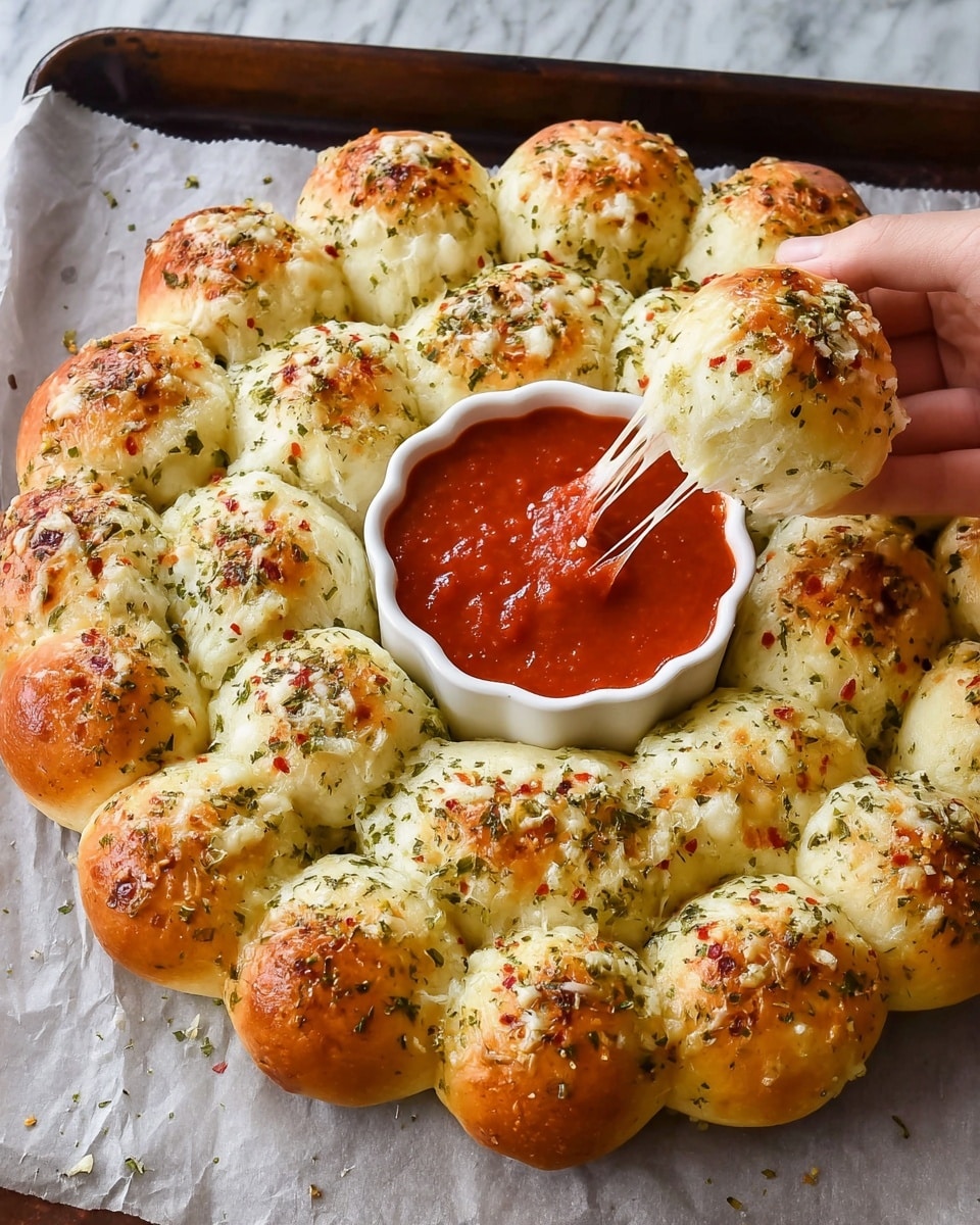A round white plate holds 16 golden brown bread balls arranged neatly in a circle. Each bread ball is topped with a layer of melted white cheese sprinkled with green herbs and red flakes, giving it a textured look. In the center of the circle is a scalloped white bowl filled with thick, bright red marinara sauce. One bread ball is being pulled away by a woman's hand, showing long, stretchy strands of melted cheese connecting it to the rest. The whole setting is on a white marbled surface, adding a clean and bright background to the scene. photo taken with an iphone --ar 4:5 --v 7