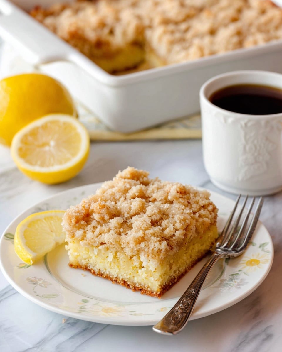 A square piece of crumb cake sits on a white plate with a subtle floral pattern, showing two layers: a dense, pale yellow cake base and a crumbly, light beige topping with a coarse texture. A thin lemon wedge rests on the plate next to the cake, and a silver fork with ornate handle lies diagonally across the bottom half of the plate. In the background, a white ceramic baking dish holds the remaining crumb cake, with one large square missing, revealing the same two layers. A halved lemon and a white cup filled with black coffee are placed beside the dish, all set on a white marbled surface with a yellow and white striped cloth partially visible. photo taken with an iphone --ar 4:5 --v 7