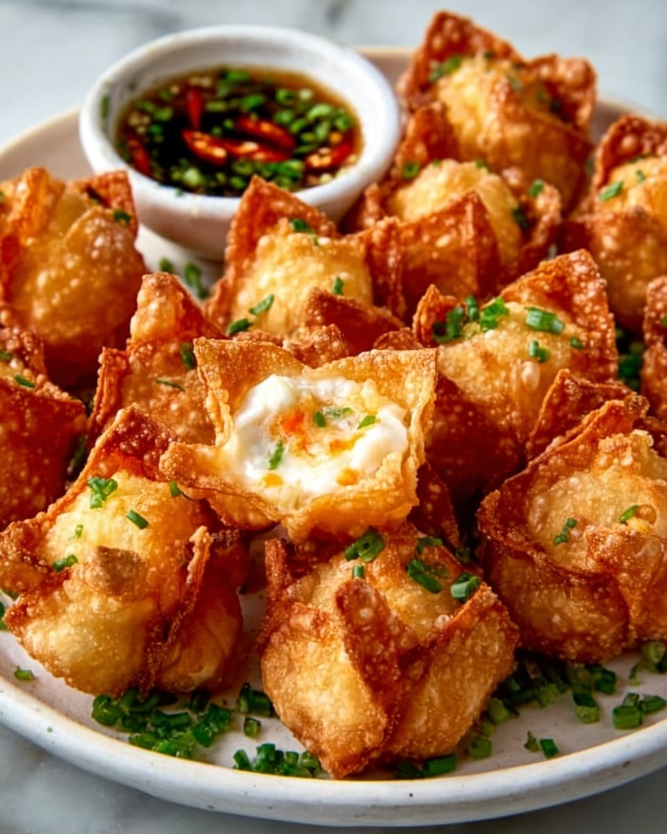 The image shows a white round plate filled with golden-brown crispy fried wontons, each shaped like a small pouch with folded corners. The wontons have a crunchy, bubbled surface texture, and one in the center is cut open, revealing a creamy white filling with orange and green bits inside. Small pieces of green garnish, probably chopped herbs, are scattered on top and around the plate for color contrast. In the background, there is a small white bowl with a reddish dipping sauce that contains visible seeds and spices. A woman's hand is holding one wonton above the plate. The setting has a white marbled surface texture. photo taken with an iphone --ar 4:5 --v 7