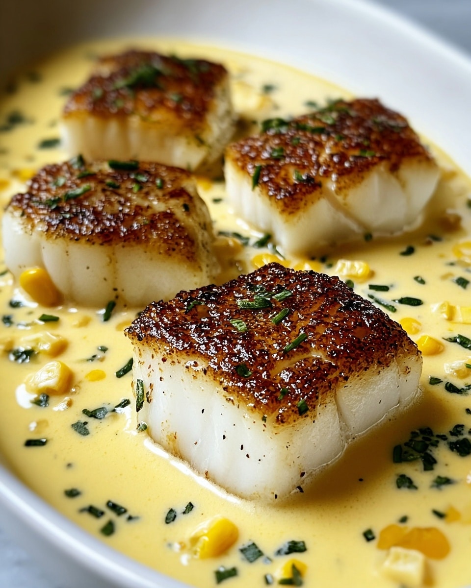 The image shows four pieces of golden-brown seared fish with a crispy, pepper-speckled surface, sitting in a creamy yellow sauce. The sauce has small green herb pieces and yellow corn kernels scattered around, creating a fresh and colorful contrast. The fish pieces are evenly spaced in a white dish, with a smooth texture and vibrant, appetizing look. The background is a white marbled texture. photo taken with an iphone --ar 4:5 --v 7