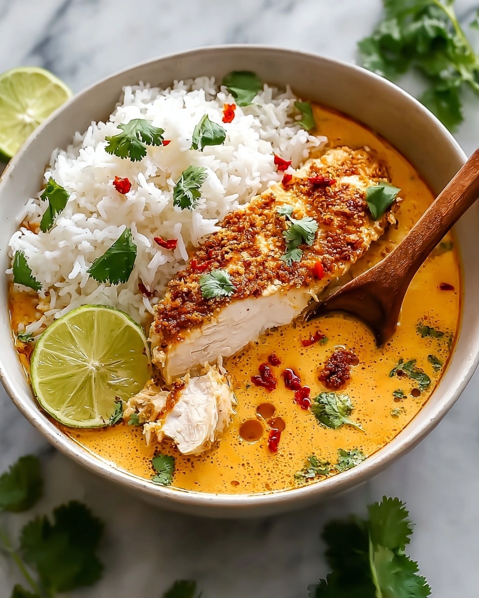 A white bowl filled with three main layers: on the left, soft white rice sprinkled with fresh green cilantro leaves; on the right, creamy orange-yellow curry broth with green cilantro pieces and small red chili spots; and in the center, a thick piece of tender white chicken partially sliced with a reddish sauce on top, being picked up by a wooden spoon held by a woman's hand. Two bright green lime wedges rest at the back of the bowl, all set on a white marbled surface. Photo taken with an iphone --ar 4:5 --v 7