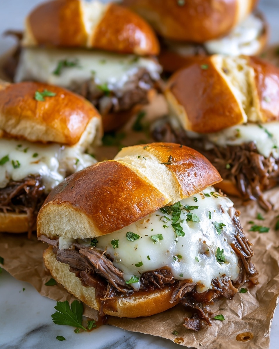 The image shows a sandwich with three main layers inside a toasted, golden brown bun with a shiny, slightly crispy top. The bottom layer includes sliced, browned potatoes, which have a soft texture. On top of this, there is a thick pile of shredded, tender beef with a rich brown color. The third layer is melted cheese, smooth and light yellow, draping over the beef and slightly oozing towards the edges. Small green parsley leaves are sprinkled on top of the cheese and bun for a fresh touch. The sandwich is placed on crinkled parchment paper with some parsley leaves scattered around, all set against a white marbled texture background. Photo taken with an iphone --ar 4:5 --v 7
