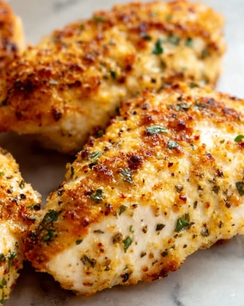 The image shows three pieces of baked chicken breasts with a golden-brown crispy crust. The chicken has a rough texture with small brown and slightly red burnt spots, and bits of green herbs sprinkled on top. The close-up view highlights the crunchy outer layer and juicy inside, placed on a white marbled surface. Photo taken with an iphone --ar 4:5 --v 7
