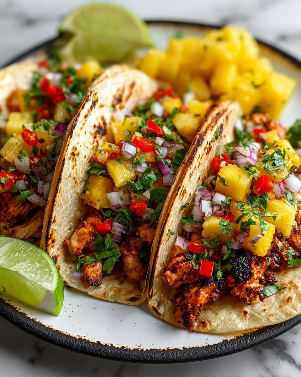 Three tacos sit side by side on a round white plate, each taco made of a soft corn tortilla with light brown grill marks and slightly folded up on the sides. Inside each taco, there is a layer of grilled, browned meat mixed with small bright yellow pineapple pieces, finely chopped red bell peppers, white onion bits, and green chopped cilantro, giving a fresh, colorful look. On the top left of the plate, there are two lime wedges with a light green outer peel and pale green inside. In the background on the right side of the plate, there are more diced yellow pineapple chunks. The scene is set on a white marbled surface. photo taken with an iphone --ar 4:5 --v 7