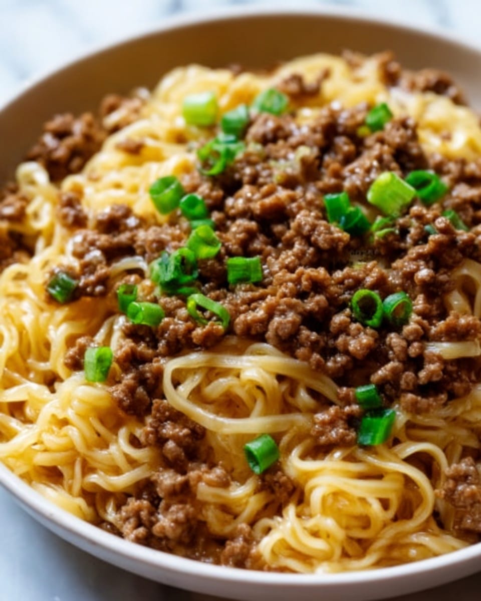 A close-up view of a plate filled with cooked noodles topped with small pieces of brown ground meat, sprinkled with fresh chopped green onions. The noodles are golden and slightly glossy, while the meat looks tender and juicy. The green onions add a fresh pop of color on top. The dish sits on a white plate, set against a white marbled background. Photo taken with an iphone --ar 4:5 --v 7