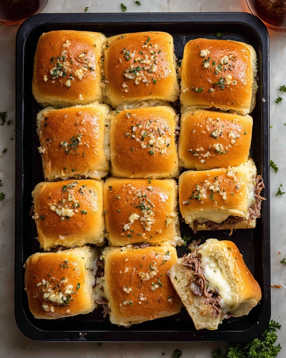 A black rectangular baking tray holds twelve soft, shiny golden brown slider buns, each topped with small bits of garlic and sprinkled green herbs. Two sliders are pulled slightly apart, revealing layers inside: a bottom bun of fluffy light bread, a generous layer of shredded, cooked beef mixed with melted white cheese, and the top bun glistening with butter and herbs. The buns are arranged in three rows of four on a wooden table, with a small bowl of dark dipping sauce partially visible at the top edge. photo taken with an iphone --ar 4:5 --v 7