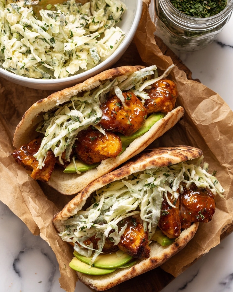 Two pita pockets are filled with layers of food, placed on crumpled brown paper over a white marbled surface. Each pita bread has a light brown, slightly toasted texture with some darker spots. Inside, the first layer consists of green avocado slices at the bottom and bright orange-glazed crispy chicken pieces with a shiny surface. The top layer is a creamy coleslaw made of shredded white cabbage mixed with green herbs, with a smooth, slightly thick dressing visible. Next to the pitas, there is a small white bowl filled with the same creamy coleslaw, showing its fresh and slightly chunky texture. On the side, a glass jar contains some fresh green herbs. photo taken with an iphone --ar 4:5 --v 7