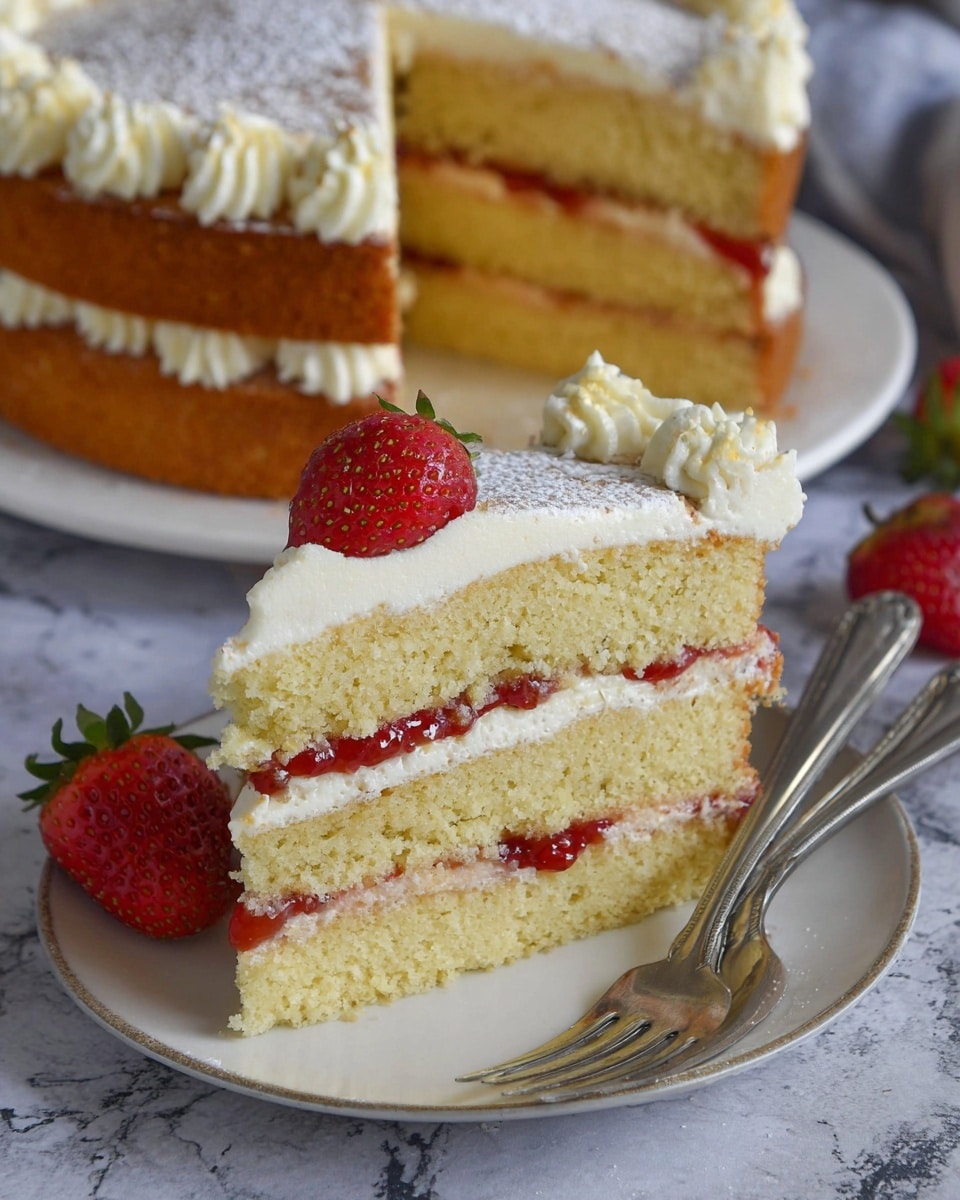 The image shows a three-layer yellow sponge cake slice on a white plate with a textured finish. Each layer of the cake has a thick layer of white creamy frosting and a thin spread of red strawberry jam between them. One side of the slice is decorated with a swirl of white frosting topped with a fresh red strawberry with a green stem. Another whole strawberry lies on the plate near the slice. In the background, the remaining cake with three layers and white frosting between each layer is partially visible on a white plate, sprinkled with powdered sugar. The scene is set on a white marbled surface with a silver fork resting on the plate and a cake server near the larger cake. photo taken with an iphone --ar 4:5 --v 7