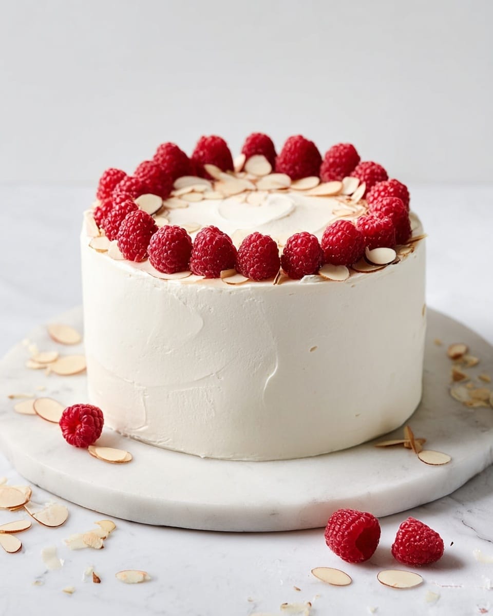 A tall, round cake with smooth white frosting covers three visible layers. On top, there is a ring of fresh red raspberries mixed with thin, light brown almond slices arranged near the edge, leaving the center of the top plain white. The cake sits on a thin white base, placed on a flat round white marble surface. Around the cake, scattered red raspberries and some almond slices add a natural touch, with bowls of raspberries and almond slices placed in the background on the same white marbled surface. Photo taken with an iphone --ar 4:5 --v 7