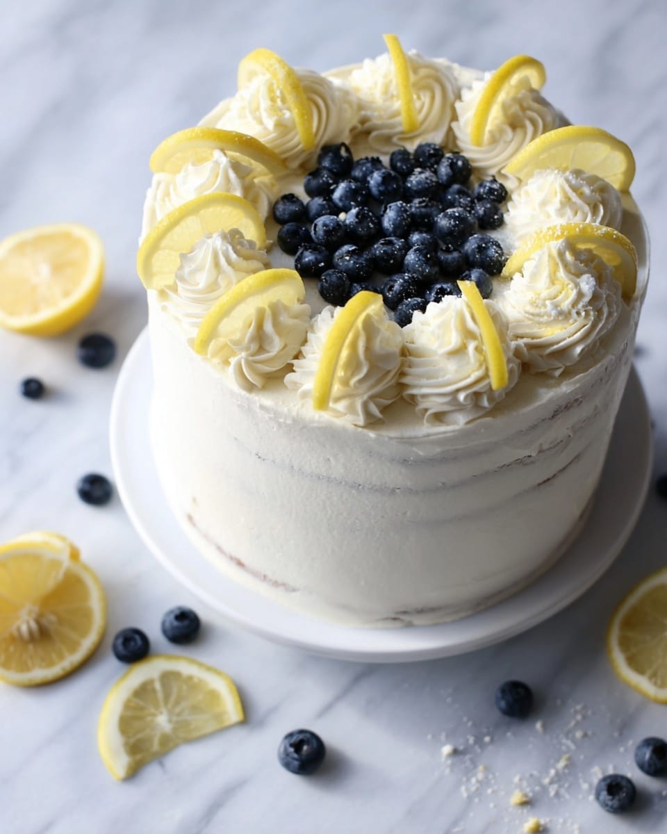 A white frosted cake with smooth textured sides stands on a white plate with a white marbled texture surface. The top layer shows a circle of fresh dark blue blueberries in the center, surrounded by white piped cream swirls. Around the edge, evenly spaced are thin bright yellow lemon slices placed upright between the cream swirls. Some extra blueberries and half a lemon rest on the plate nearby, adding to the fresh look. Photo taken with an iphone --ar 4:5 --v 7