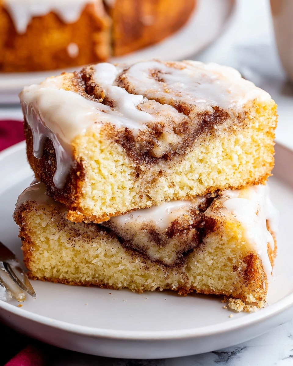 This image shows two thick slices of cinnamon roll cake on a white plate. Each slice has a base layer of light golden cake with a soft, crumbly texture. Swirled through the cake is a middle layer of dark brown cinnamon sugar, adding a marbled look. On top, a thick layer of white icing with a smooth, creamy texture covers the cinnamon swirls, with some areas showing a slight shine. The edges of the cake are slightly browned, giving a toasted look. The background shows a red cloth and a wooden surface, partially blurred. photo taken with an iphone --ar 4:5 --v 7