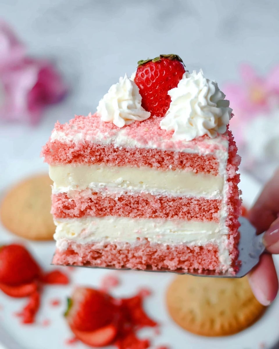 A slice of three-layer cake is shown on a spatula. The top and bottom layers are light red with a soft, crumbly texture. Between them is a thick, pale yellow layer of creamy filling. Thin white cream layers separate the red and yellow layers, and more white cream is piped at the top edges. The top is covered with pink crumb topping, and a small dollop of white cream with a thin slice of red strawberry sits on top. The cake slice is held over a white marbled surface scattered with red strawberry pieces and light yellow round cookies. Photo taken with an iphone --ar 4:5 --v 7