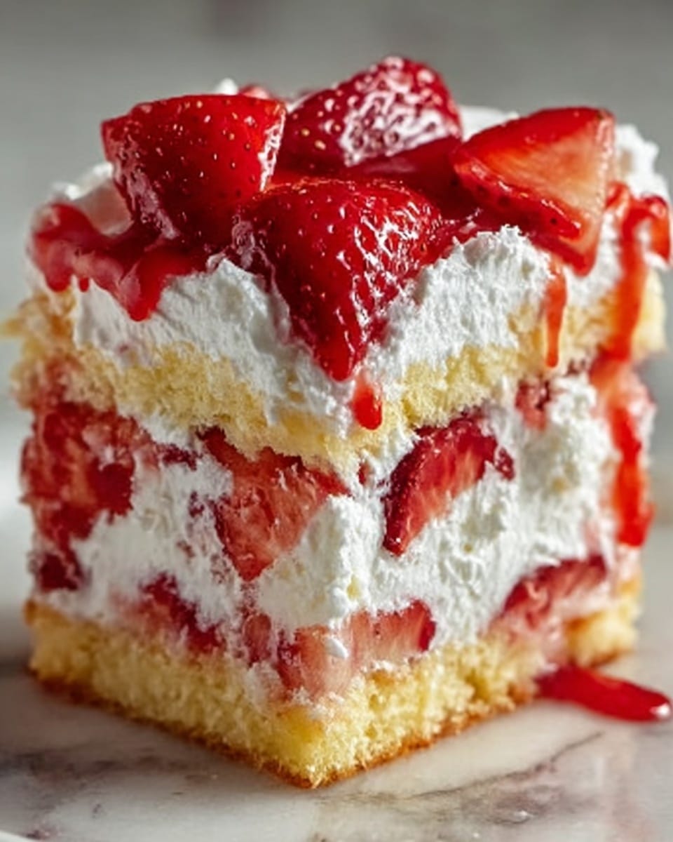 A close-up of a square slice of strawberry shortcake with three visible layers: the bottom and top layers are light, soft yellow cake, while the middle layer is thick white whipped cream mixed with slices of bright red strawberries. The top is covered with fluffy white whipped cream and arranged with halved strawberries that have a shiny glaze. Some strawberry syrup drips down the side. The slice sits on a white plate on a white marbled surface. Photo taken with an iphone --ar 4:5 --v 7