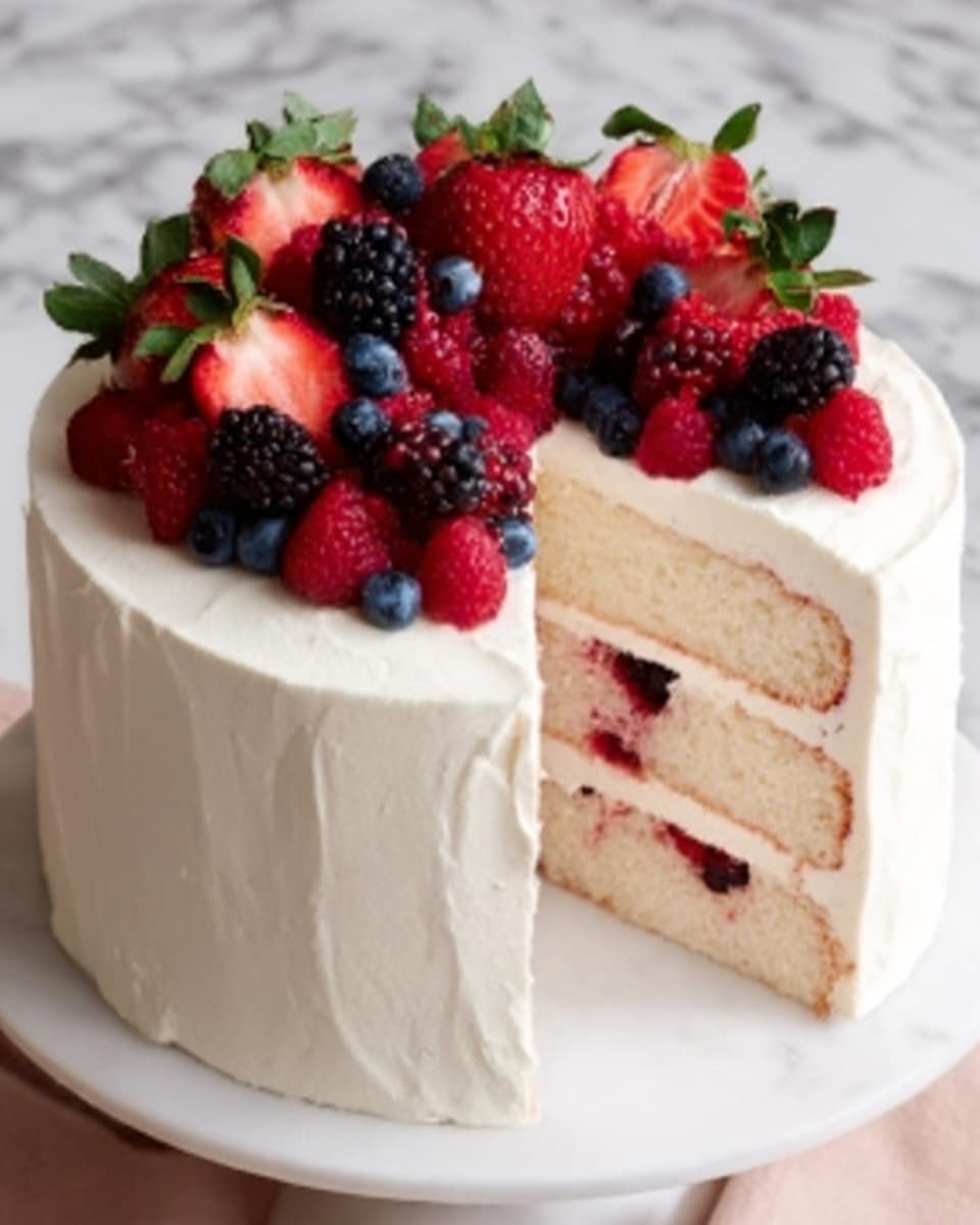 A white frosted cake on a white marble surface, with smooth, thick frosting covering the outside. The cake has two visible layers of light pink sponge with a creamy filling that contains mixed berries like blueberries and raspberries. On top, there is a mix of fresh red strawberries, raspberries, and blackberries arranged in a dense pile, with some dollops of white frosting around the edge. The whole cake sits on a white round stand. Photo taken with an iphone --ar 4:5 --v 7