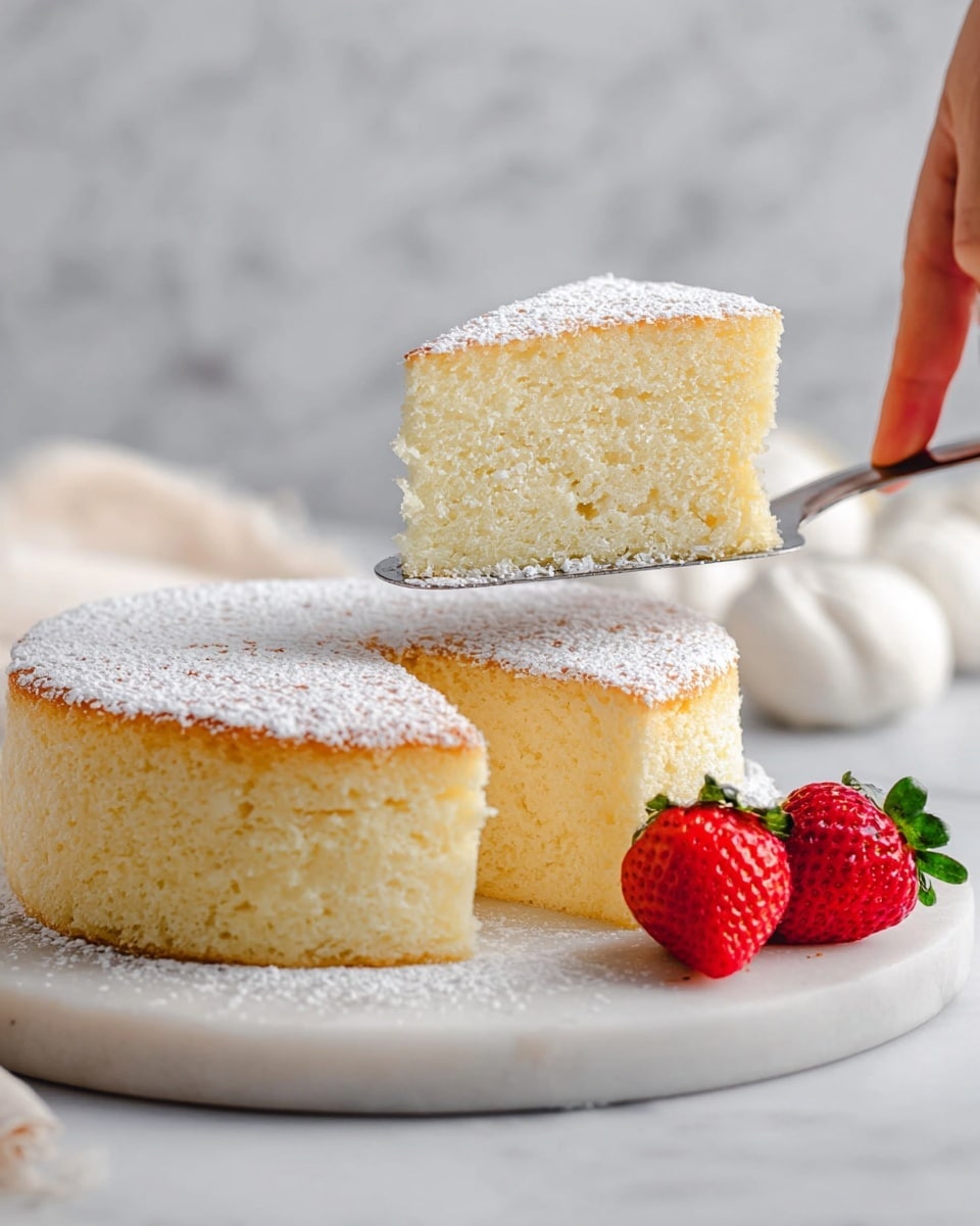 A soft, light yellow sponge cake with one visible layer sits on a round white marble board. The top of the cake is dusted with a thin white layer of powdered sugar, creating a soft, powdery texture. A woman’s hand is gently touching the top edge of a slice being lifted from the cake with a silver spatula, showing the airy and fluffy inside texture. Two fresh, red strawberries with green leaves rest beside the cake on the white marble surface. The background is softly blurred with a white vase and dried flowers visible. photo taken with an iphone --ar 4:5 --v 7