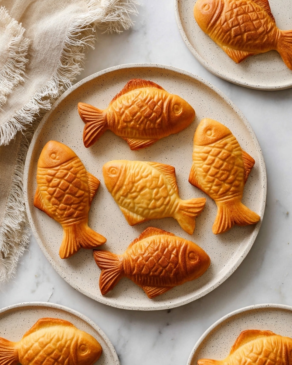 The image shows six golden-brown fish-shaped pastries on a large white speckled plate, each with detailed scales, fins, and eyes, with colors ranging from light golden to deeper brown edges. The pastries are slightly shiny, showing a soft and baked texture. The plate sits on a white marbled surface and is partially covered by a beige cloth with fringed edges on the left. Around the main plate, there are white plates holding additional fish-shaped pastries, with one plate partly visible on the right and another at the bottom left corner of the image. photo taken with an iphone --ar 4:5 --v 7
