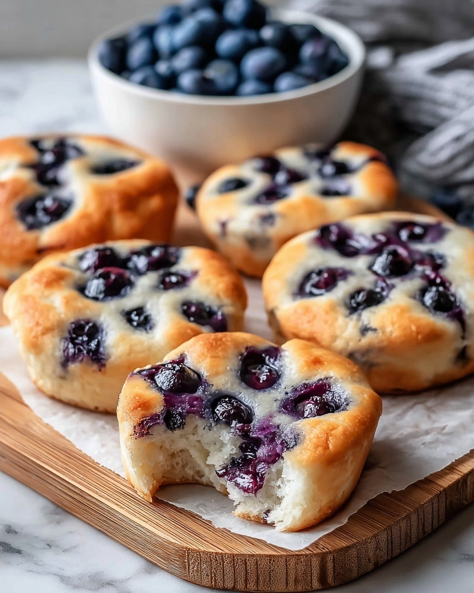 The image shows five small, round blueberry pancakes with a golden-brown top layer and soft, white dough underneath. Each pancake has several whole blueberries visible on the surface, some bursting and releasing a dark purple juice that contrasts with the light dough. One pancake in the front is broken open, revealing fluffy, moist insides with embedded blueberries. They are placed closely together on white parchment paper atop a round wooden board. In the background, there is a white bowl filled with fresh blueberries, set on a white marbled surface. The scene is softly lit, emphasizing the warm colors and textures. photo taken with an iphone --ar 4:5 --v 7