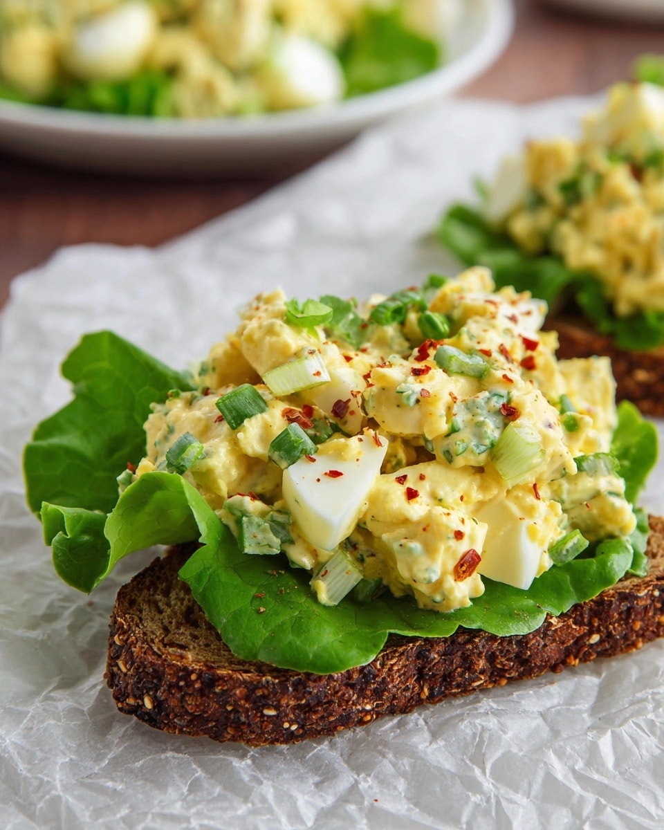 A slice of dark brown bread with sesame seeds forms the base, topped with a fresh, ruffled green lettuce leaf. On top of the lettuce, there is a generous scoop of creamy egg salad made of chopped boiled eggs mixed with small pieces of green vegetables like celery and green onions. The egg salad is pale yellow with a smooth, chunky texture. Small red chili flakes are sprinkled on top, adding a pop of color. This is all placed on a white marbled surface with a piece of white parchment paper underneath. photo taken with an iphone --ar 4:5 --v 7