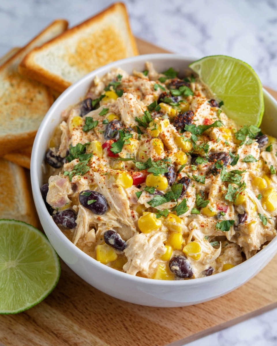 A white bowl filled with a creamy mixed salad showing at least four layers: shredded white chicken pieces, yellow corn kernels, black beans, and small bits of red and green vegetables all coated in a light sauce. The salad has a sprinkling of green chopped herbs and a dusting of red spice on top. A slice of fresh green lime rests on one side of the bowl. In the background, a wooden board holds several triangular white toast pieces, all set against a white marbled textured surface. photo taken with an iphone --ar 4:5 --v 7
