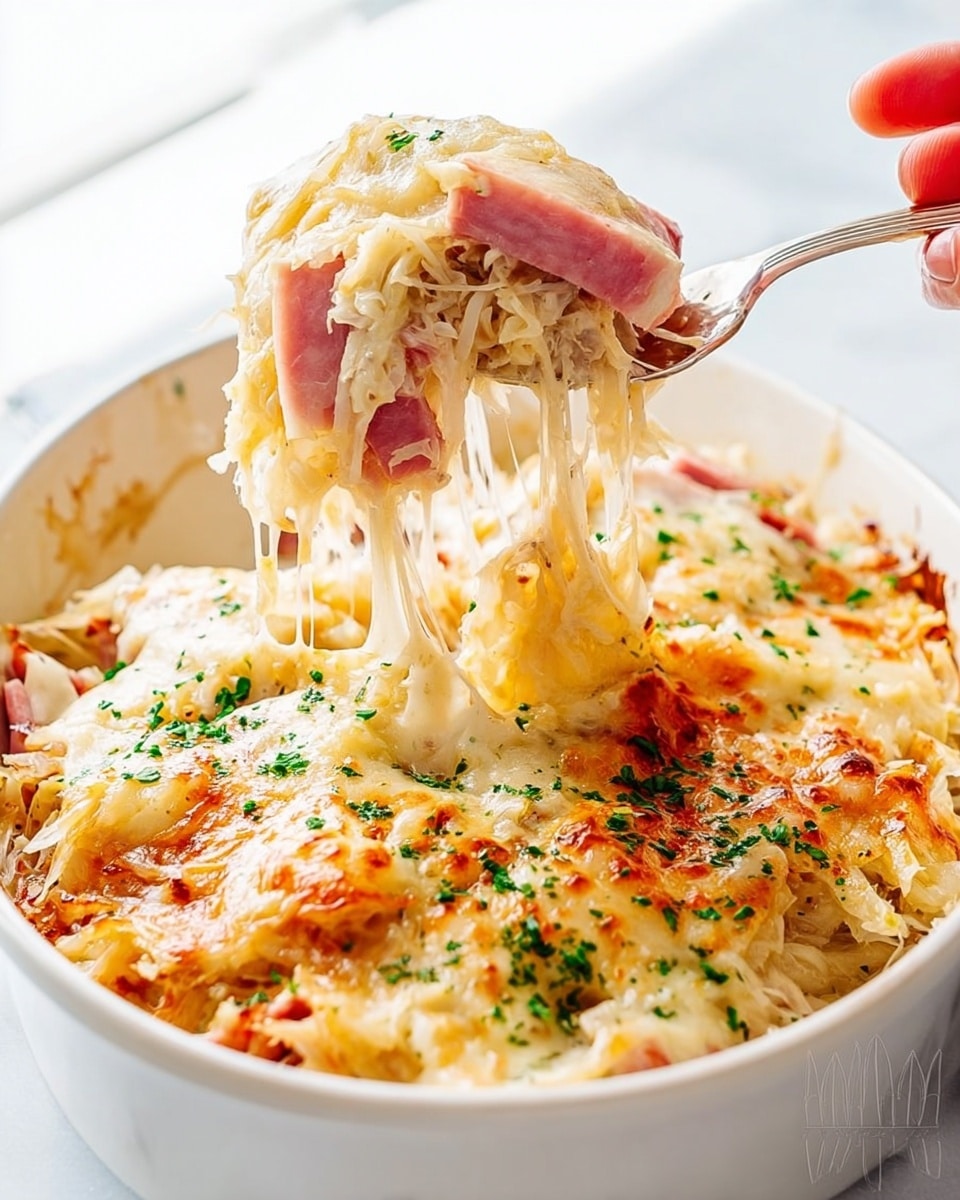 A close-up of a white rectangular baking dish filled with a layered casserole. The top layer is melted cheese, creamy and lightly browned, sprinkled with small bits of green herbs. Below the cheese, there is a layer of thinly shredded pale cabbage, mixed with pieces of pink ham. The dish is being scooped with a fork, lifting a piece that shows stretchy melted cheese strings connecting it to the rest of the casserole. The background is a white marbled texture. photo taken with an iphone --ar 4:5 --v 7