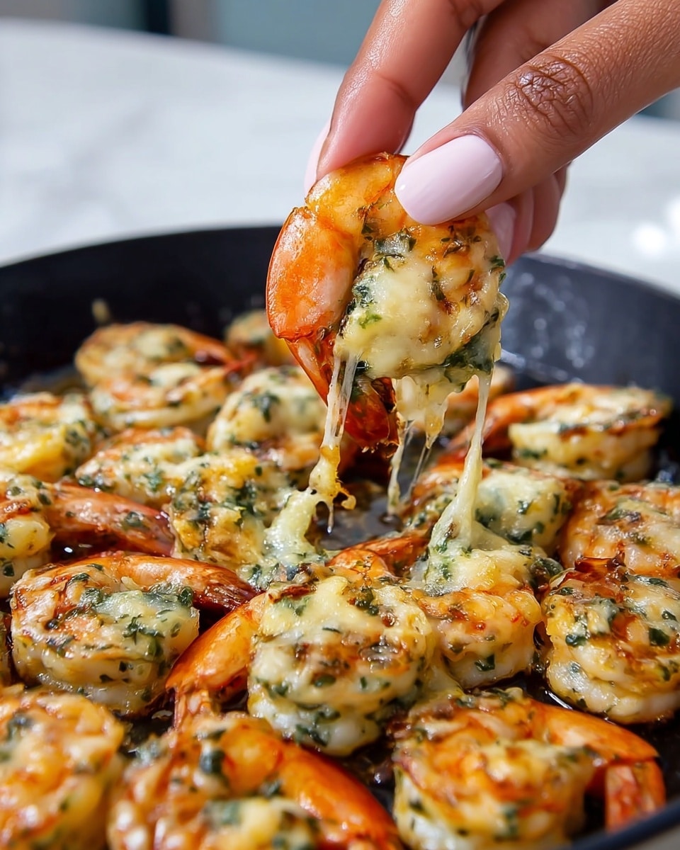 A close-up image of a woman’s hand holding a cheesy baked shrimp piece above a skillet filled with many similar shrimp pieces. Each shrimp has three distinct parts: the orange shrimp tail on the left, a thick layer of white melted cheese with green herbs in the middle, and slightly browned baked edges on the right. The shrimp are arranged closely, showing their glossy, rich texture, resting in a dark black skillet set on a white marbled surface. A bit of melted cheese drips from the shrimp held by the woman’s hand, highlighting the gooey, creamy texture of the dish. photo taken with an iphone --ar 4:5 --v 7