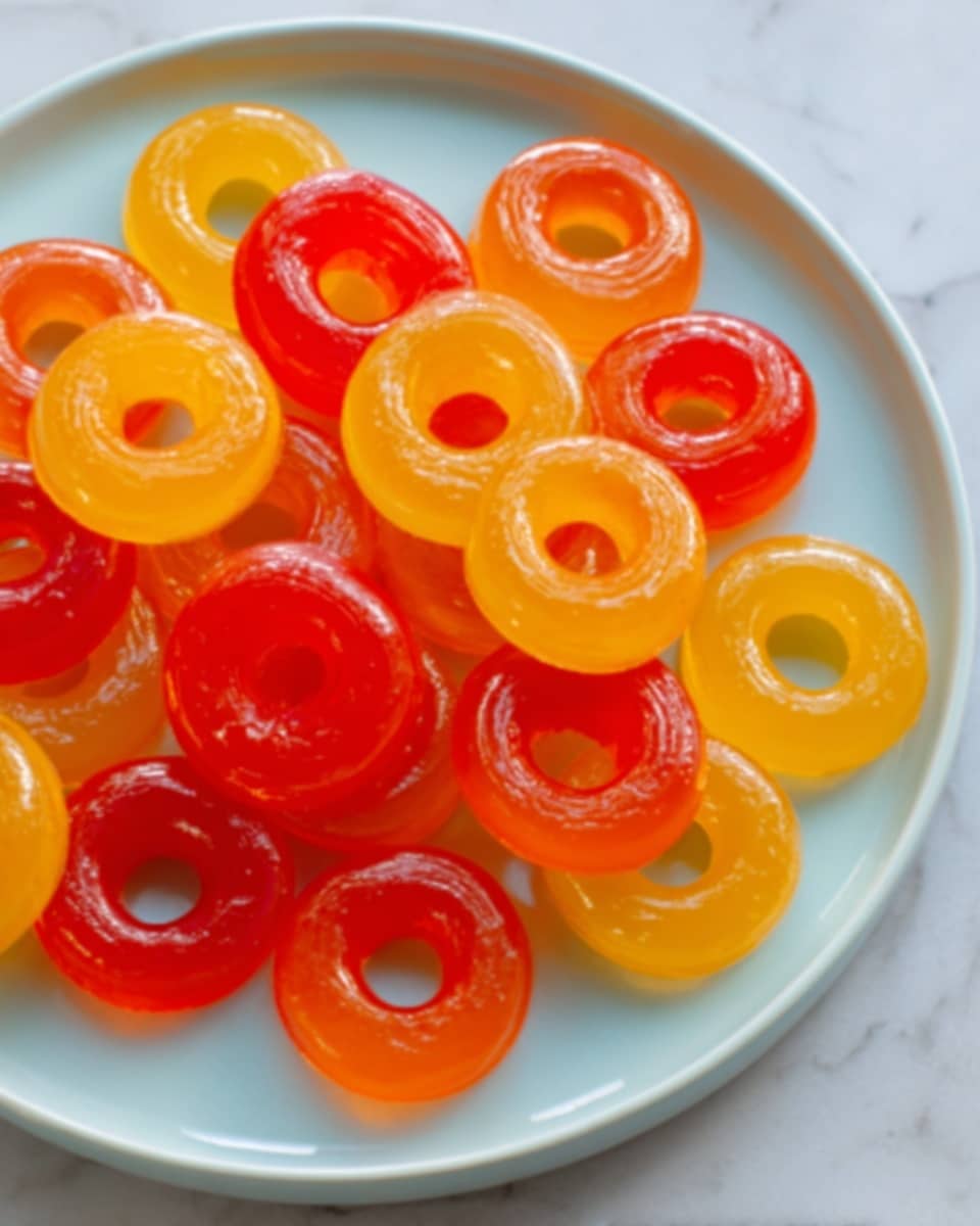 The image shows a white plate on a white marbled surface filled with colorful jelly rings. The jelly rings are shiny and translucent, arranged closely on the plate. Their colors include bright orange, yellow, and red, each ring clearly visible with smooth edges and a glossy texture. The plate has a simple, clean look that highlights the vibrant colors of the jelly rings. Photo taken with an iphone --ar 4:5 --v 7