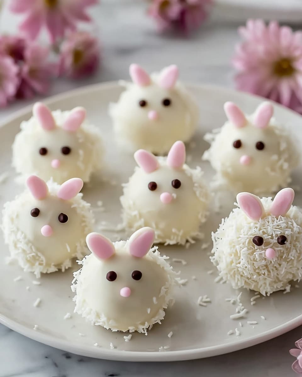 The image shows seven small round treats on a white plate with a scalloped edge, placed on a white marbled surface. Each ball is coated in smooth white icing, with five of them covered in white sprinkles that add a rough texture. All treats have two small round dark chocolate dots on the front, resembling eyes, and a pair of small, curved pink candy ears placed close together on the top, creating a cute bunny look. Soft pink flowers are softly blurred in the background, giving a gentle and delicate feel to the scene. photo taken with an iphone --ar 4:5 --v 7