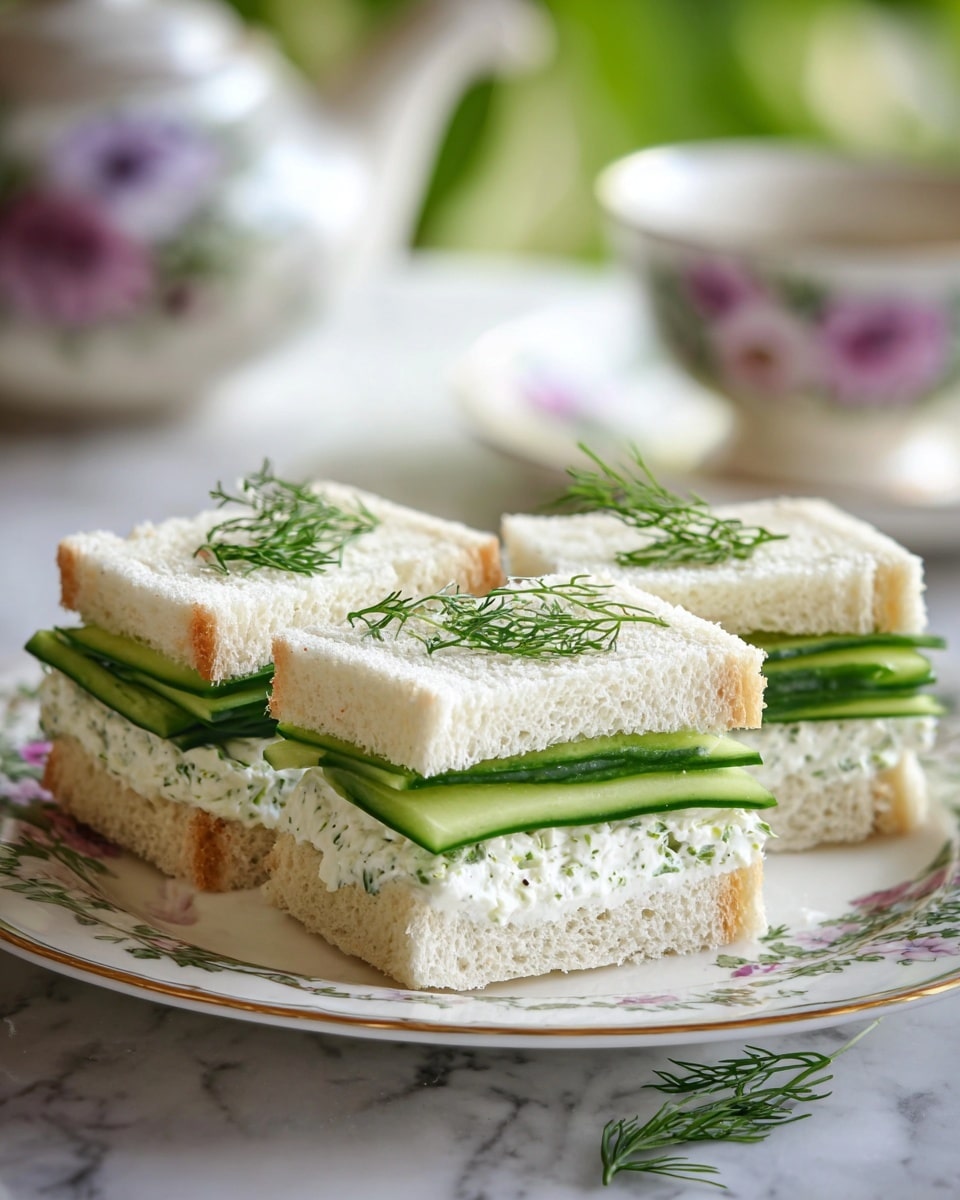 The image shows four small square sandwiches on a white plate with a floral edge. Each sandwich has three layers: the top and bottom layers are soft white bread with golden crust, and the middle layers are fresh green cucumber slices and white cream cheese mixed with herbs. Each sandwich is topped with a small sprig of fresh dill. The plate is set on a white marbled surface, and in the background, there is a blurred white teapot with floral decorations. The lighting is bright and natural, giving a fresh and inviting look to the sandwiches. photo taken with an iphone --ar 4:5 --v 7