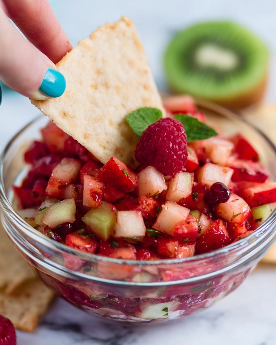The image shows a clear glass bowl filled with chunky fruit salsa, consisting of diced strawberries, pale pink pieces of melon, and some red raspberry bits mixed together. On top, there are two whole raspberries and a small green mint leaf. A woman's hand with light blue nail polish is dipping a triangular beige chip into the colorful salsa. In the back, there is a sliced kiwi and another chip resting against the bowl, all set on a white marbled surface. The colors are mainly red, pink, pale peach, and green, with the fruit pieces looking juicy and fresh. Photo taken with an iphone --ar 4:5 --v 7