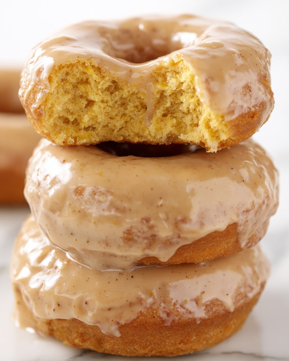 The image shows a close-up of two stacked donuts on a white marbled surface. The bottom donut is whole, covered in a smooth, light brown glaze with tiny dark specks, giving it a slightly shiny texture. The top donut is cut in half, with the inside showing a soft, yellowish cake texture that looks moist and fluffy. The glaze on the top donut matches the bottom one, slightly dripping over the edges and having a thick, creamy consistency. The focus is sharp on the donuts, emphasizing the contrast between the glaze and the crumb inside. Photo taken with an iphone --ar 4:5 --v 7