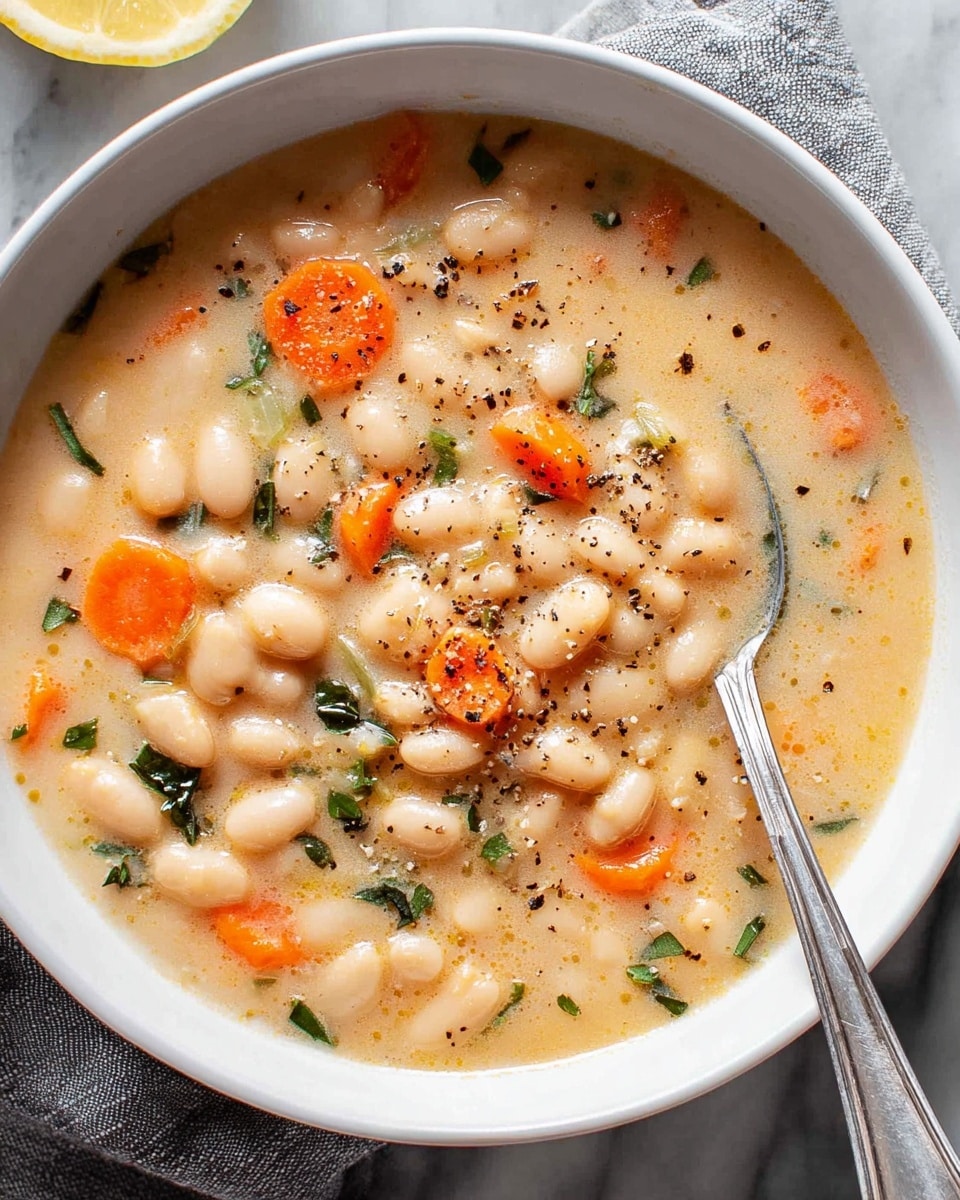 A close-up of a white bowl filled with creamy white bean soup, showing thick broth with soft white beans, bright orange carrot slices, and small pieces of green herbs mixed throughout. The soup surface is sprinkled with black pepper bits, and a silver spoon rests in the bowl on the right side. A slice of lemon is partially visible at the top left corner, and the bowl sits on a light gray cloth on a white marbled surface. Photo taken with an iphone --ar 4:5 --v 7