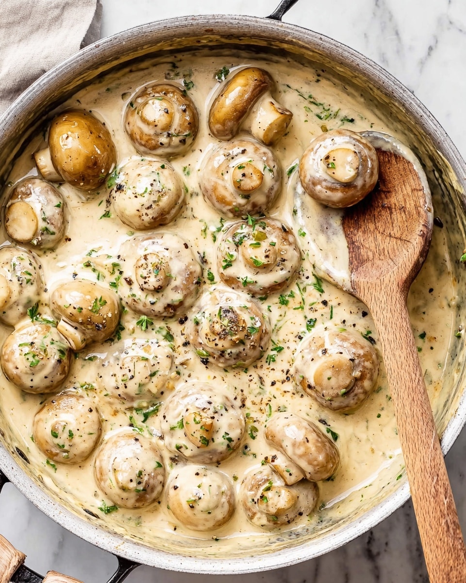 A close-up top view of a silver pan filled with about fifteen whole mushrooms cooked in a thick, creamy light beige sauce speckled with black pepper and green herbs. The mushrooms are arranged evenly in the sauce, each showing a smooth, slightly shiny texture with some browned spots. Small green herb pieces are scattered throughout the sauce, giving color contrast. A wooden spoon with visible wood grain rests on the right side of the pan, partially submerged in the sauce, adding a rustic feel. The background is a white marbled texture. photo taken with an iphone --ar 4:5 --v 7