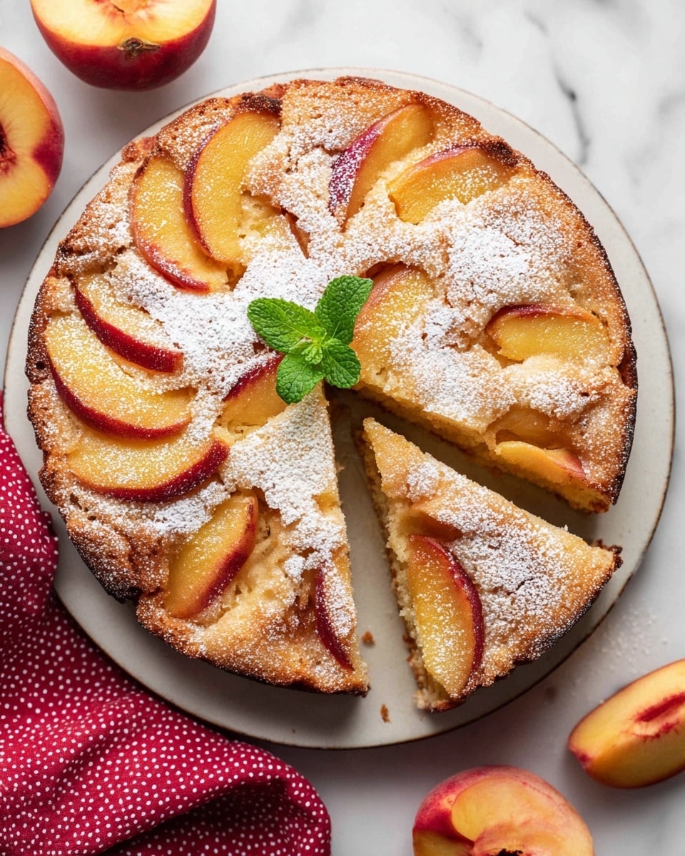 A round peach cake with visible golden yellow peach slices arranged on the top layer, baked into a light brown, slightly crusty textured surface dusted heavily with white powdered sugar. The cake is cut into several uneven slices, showing a soft, moist beige interior with peach pieces inside. A small green mint leaf garnish sits on top of the cake near the center. The cake is on a white plate with the edge visible, placed on a white marbled surface with additional peach halves around it. A pink cloth with white dots is partly visible at the lower corner. Photo taken with an iphone --ar 4:5 --v 7