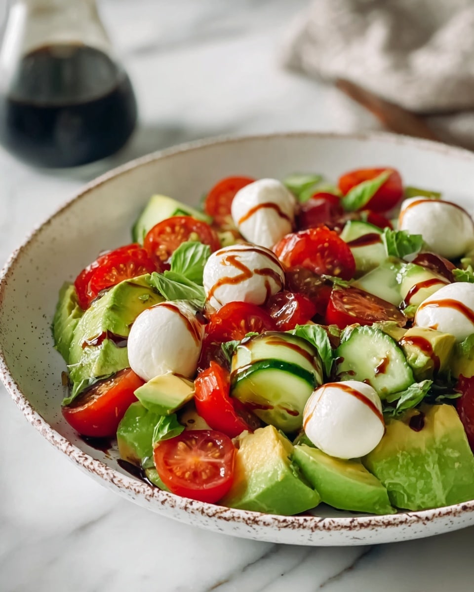 A white bowl filled with a fresh salad showing three main layers: the bottom layer has chopped green cucumber pieces with a smooth texture, the middle layer consists of bright red cherry tomatoes sliced in half showing their juicy interior, and the top layer displays creamy white mozzarella balls along with chunks of light green avocado sprinkle with green herbs, all drizzled with a dark balsamic glaze. The bowl sits on a white marbled surface with a glass jar of dark balsamic in the background. photo taken with an iphone --ar 4:5 --v 7