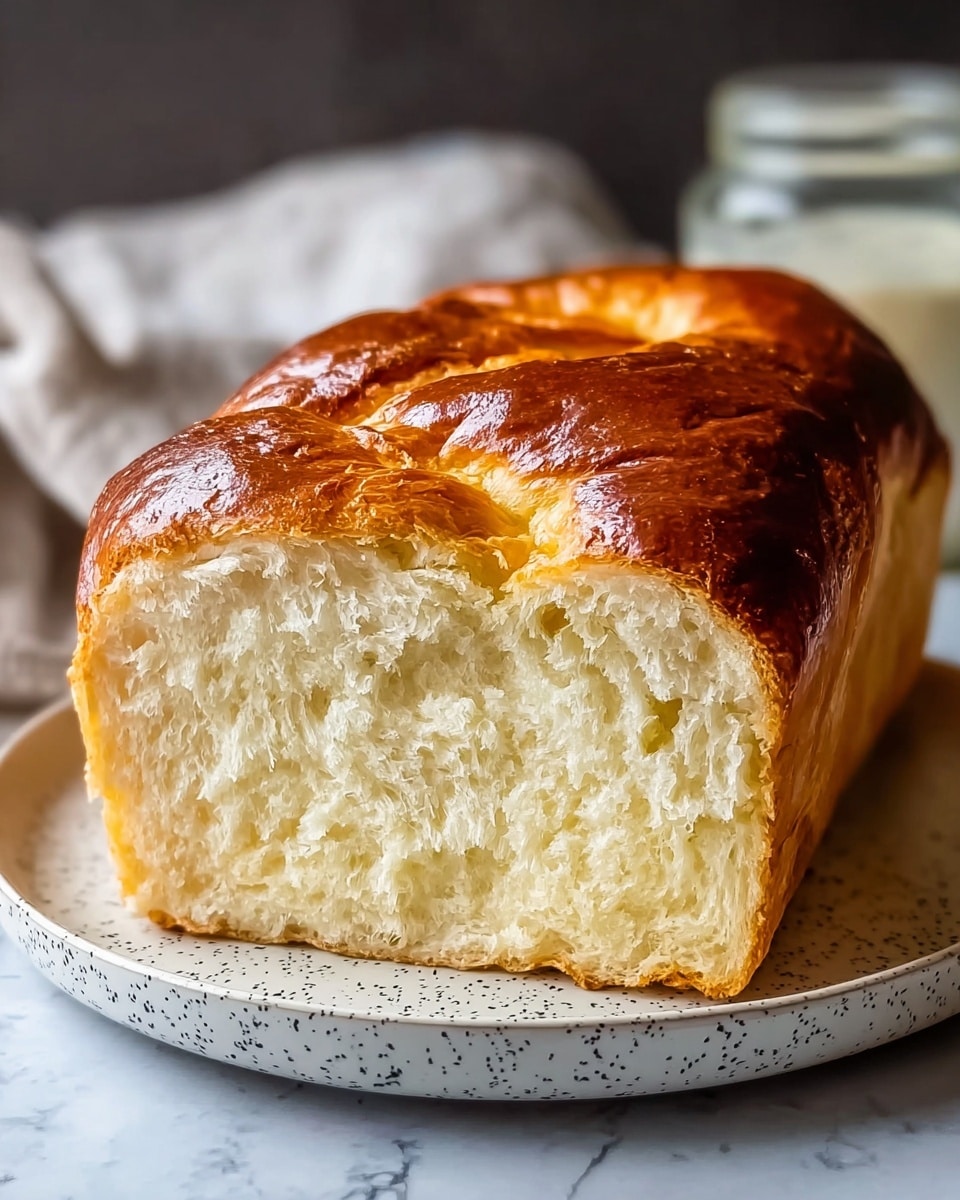 A close-up of a loaf of bread with three main layers: the bottom crust layer is thin and brown, the middle layer is thick and fluffy white with a soft, airy texture filled with small holes, and the top layer is golden brown, shiny, and slightly wrinkled with a glossy crust. The bread is set on a white plate with a black speckled pattern, all placed on a white marbled texture surface. In the blurred background, there is a small glass jar with white cream and a light-colored linen cloth. photo taken with an iphone --ar 4:5 --v 7