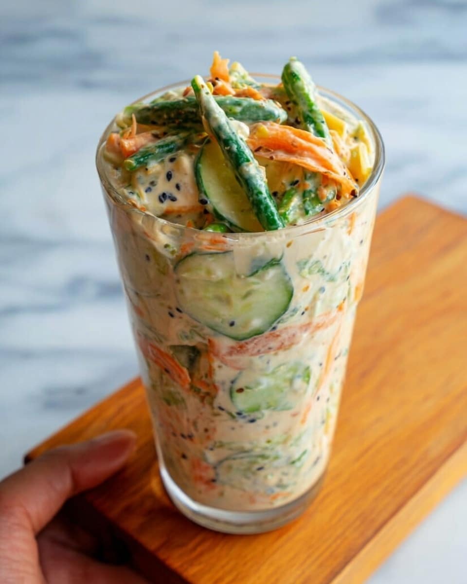 A tall, clear glass is filled with a creamy salad showing multiple layers. The layers include thin, round cucumber slices with pale green skin and soft white inside, mixed with chopped green beans and shredded orange carrots. The creamy dressing, pale beige with visible black sesame seeds, coats all the vegetables evenly. The glass stands on a wooden surface, with a white marbled texture background visible behind it. Photo taken with an iphone --ar 4:5 --v 7